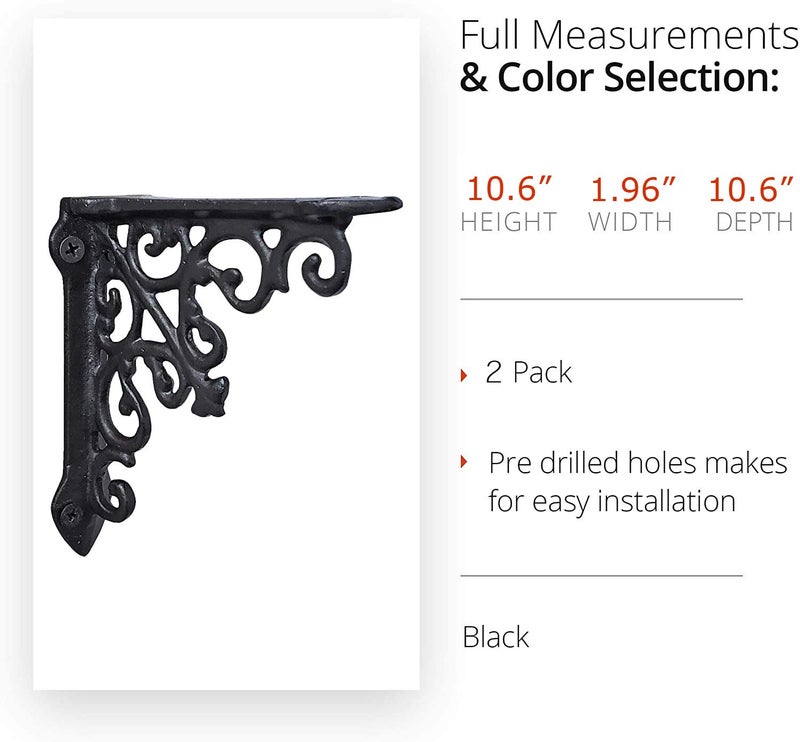 NACH Decorative Shelf Brackets, 2 Pack of 10.6 x 2 x 10.6 inch, Black Cast Iron Wall Shelf Brackets - Decorative Bookshelf Brackets - Victorian Style Shelf Bracket - Image 3